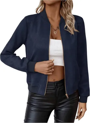 SweatyRocks Women's Faux Suede Short Bomber Jacket Coat Stand Collar Lightweight Zip Up Fashion Outerwear Tops