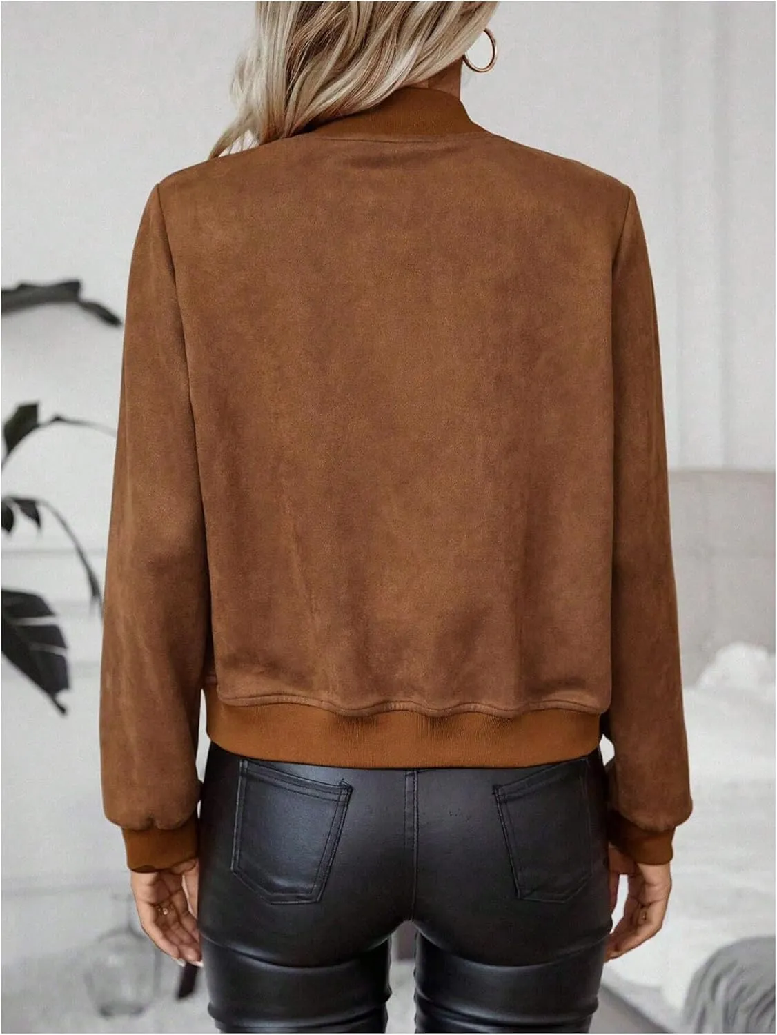 SweatyRocks Women's Faux Suede Short Bomber Jacket Coat Stand Collar Lightweight Zip Up Fashion Outerwear Tops