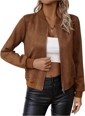 SweatyRocks Women's Faux Suede Short Bomber Jacket Coat Stand Collar Lightweight Zip Up Fashion Outerwear Tops