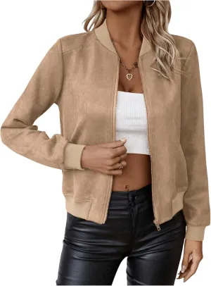 SweatyRocks Women's Faux Suede Short Bomber Jacket Coat Stand Collar Lightweight Zip Up Fashion Outerwear Tops