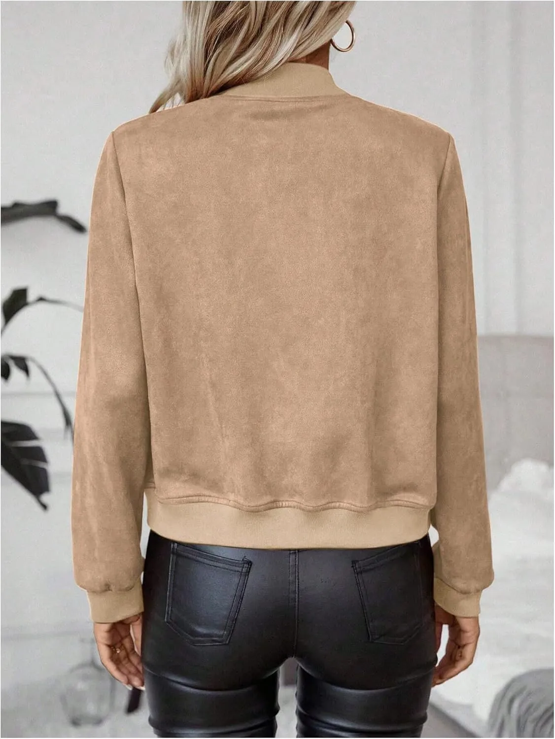 SweatyRocks Women's Faux Suede Short Bomber Jacket Coat Stand Collar Lightweight Zip Up Fashion Outerwear Tops