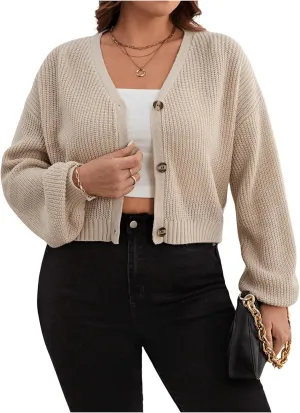 SweatyRocks Women's Plus Size Knit Open Front Sweater Long Sleeve Button Loose Short Cardigan Outerwear Coats