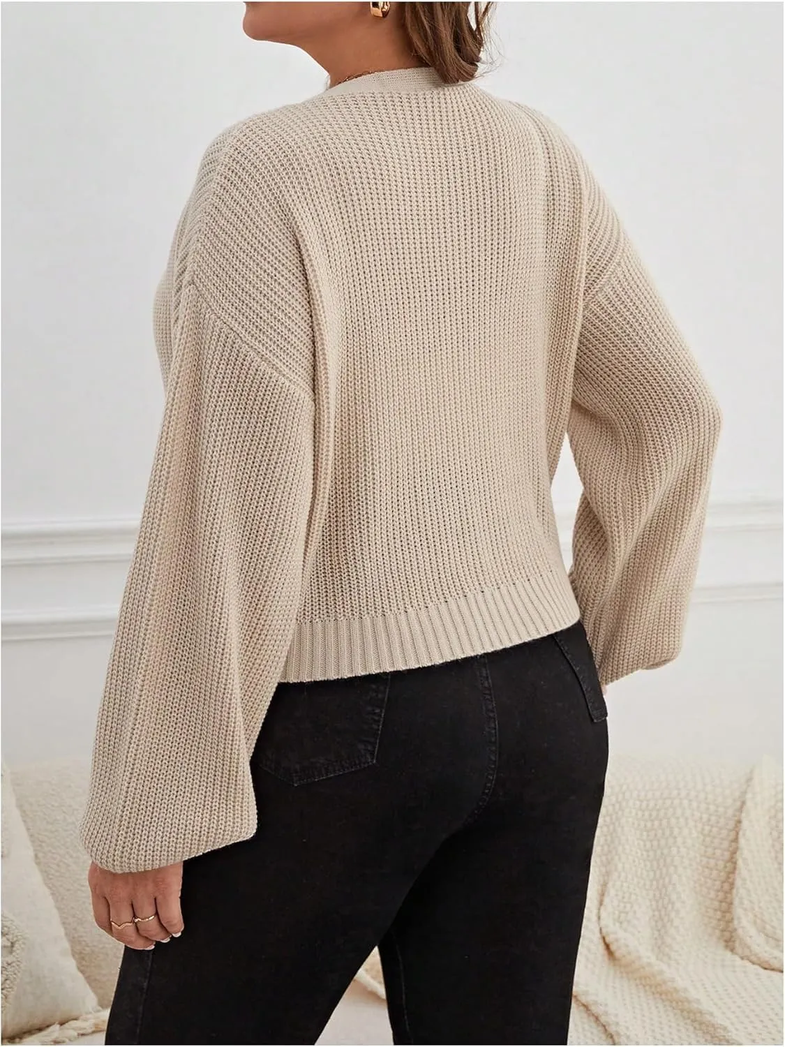 SweatyRocks Women's Plus Size Knit Open Front Sweater Long Sleeve Button Loose Short Cardigan Outerwear Coats