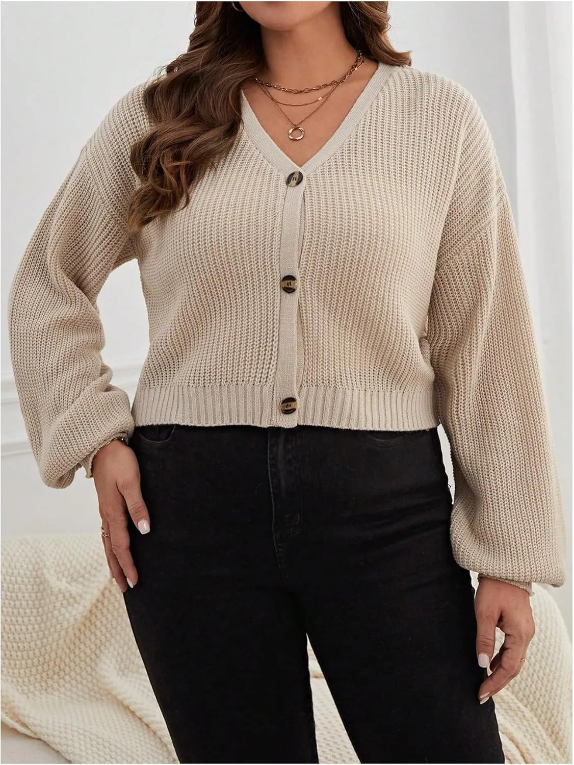 SweatyRocks Women's Plus Size Knit Open Front Sweater Long Sleeve Button Loose Short Cardigan Outerwear Coats