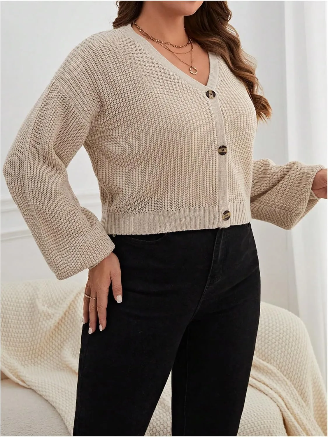 SweatyRocks Women's Plus Size Knit Open Front Sweater Long Sleeve Button Loose Short Cardigan Outerwear Coats