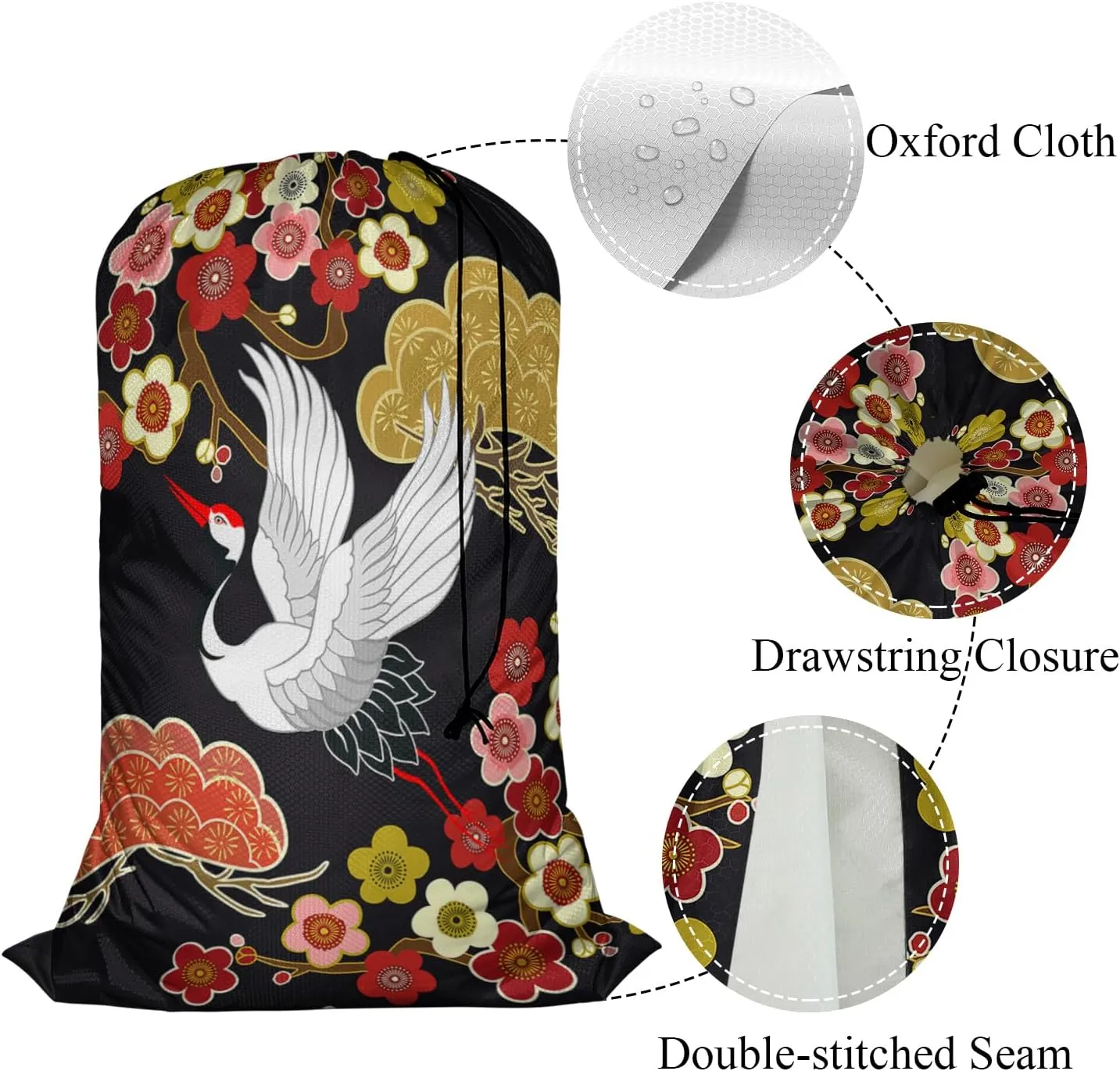 Swono Japanese Crane Laundry Bags 28" x 40", Asian Heron Bird Colorful Floral Branch Clouds Versatile - Multi Use