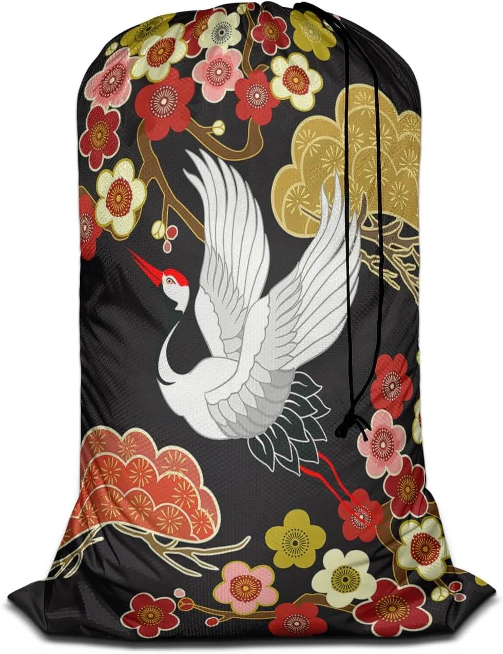 Swono Japanese Crane Laundry Bags 28" x 40", Asian Heron Bird Colorful Floral Branch Clouds Versatile - Multi Use