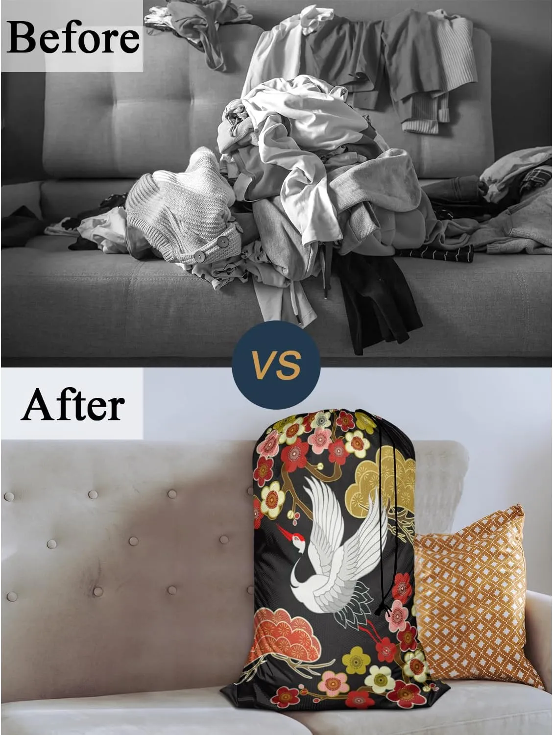 Swono Japanese Crane Laundry Bags 28" x 40", Asian Heron Bird Colorful Floral Branch Clouds Versatile - Multi Use