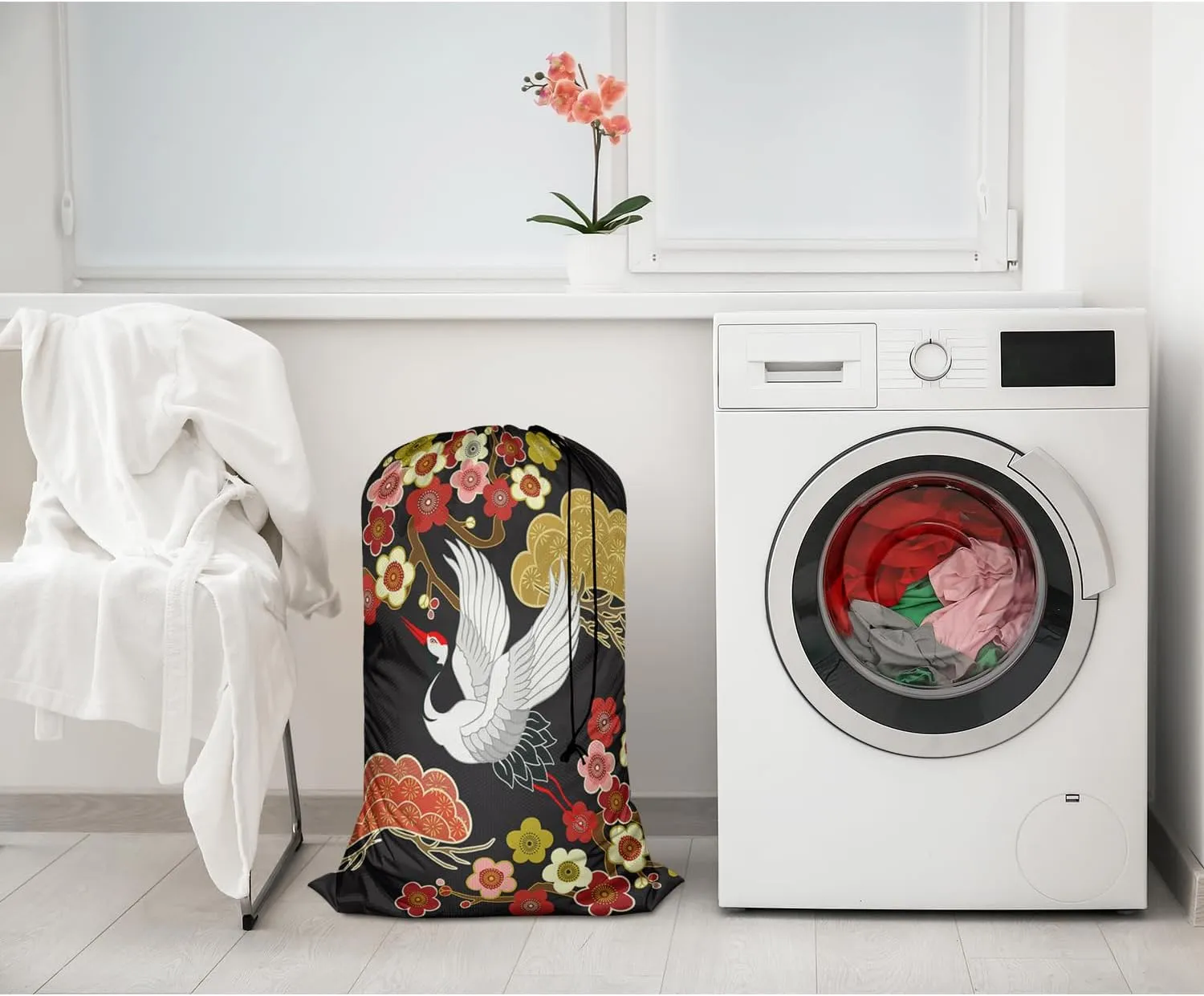 Swono Japanese Crane Laundry Bags 28" x 40", Asian Heron Bird Colorful Floral Branch Clouds Versatile - Multi Use