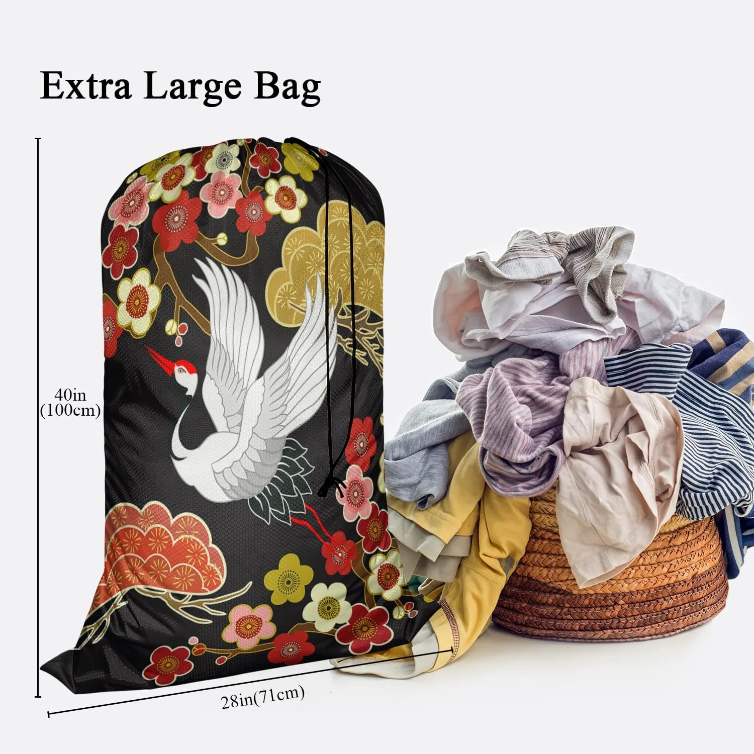 Swono Japanese Crane Laundry Bags 28" x 40", Asian Heron Bird Colorful Floral Branch Clouds Versatile - Multi Use