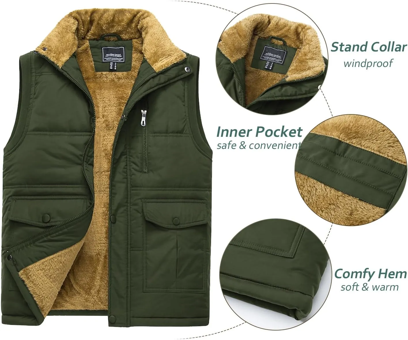TACVASEN Men's Winter Vests Sleeveless Jackets Casual Outerwear Warm Fleece Lined Stand Collar Padded Coat