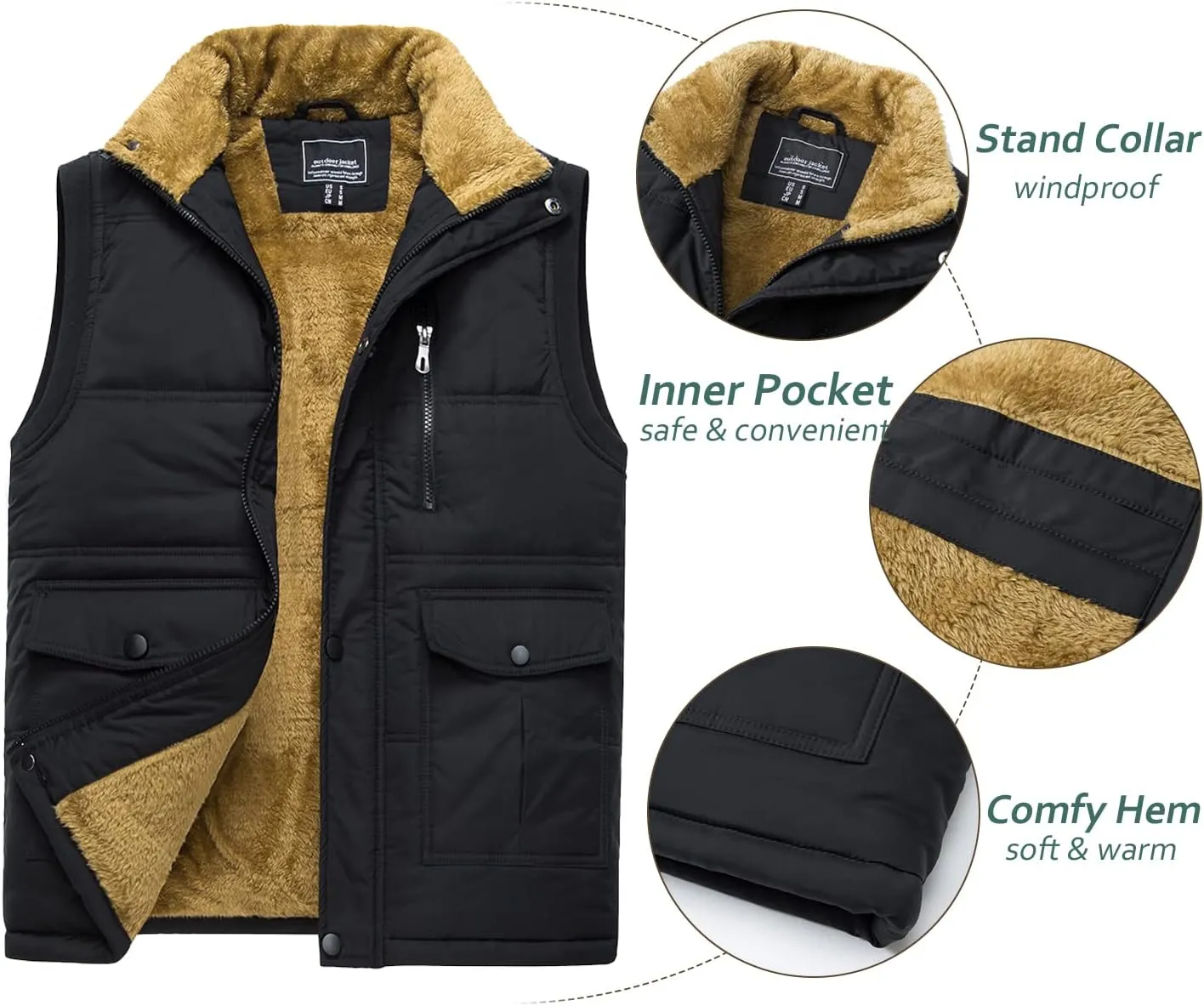 TACVASEN Men's Winter Vests Sleeveless Jackets Casual Outerwear Warm Fleece Lined Stand Collar Padded Coat