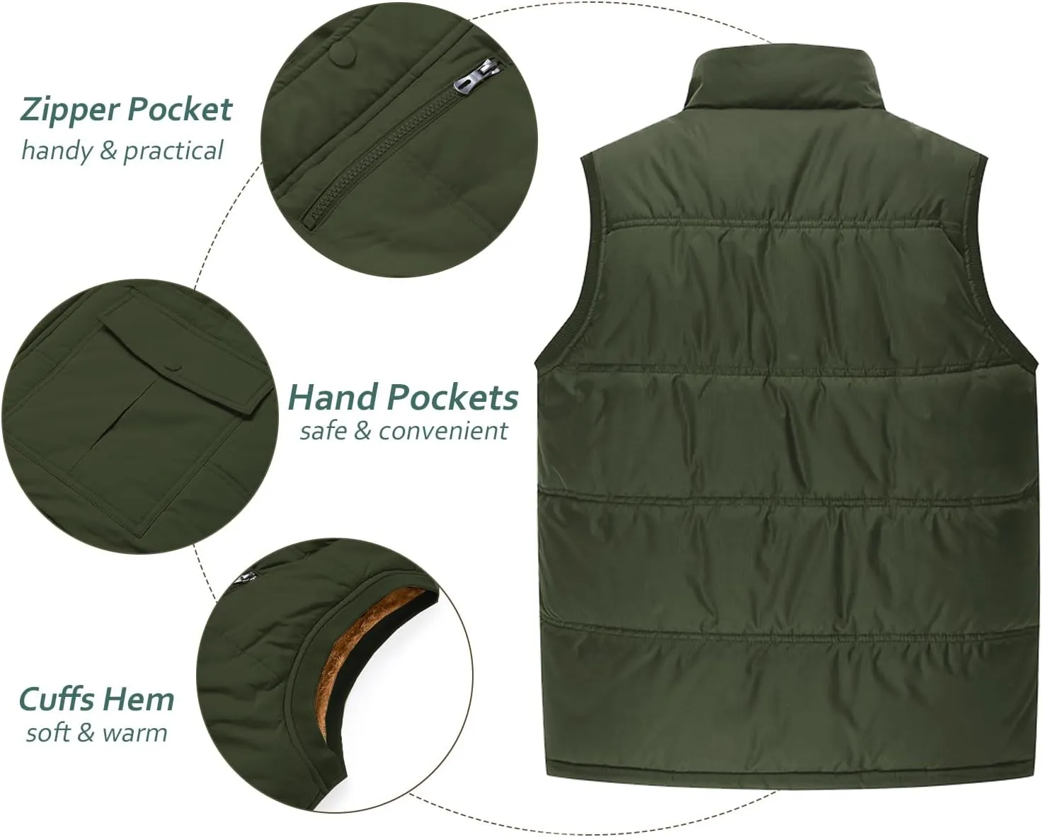 TACVASEN Men's Winter Vests Sleeveless Jackets Casual Outerwear Warm Fleece Lined Stand Collar Padded Coat