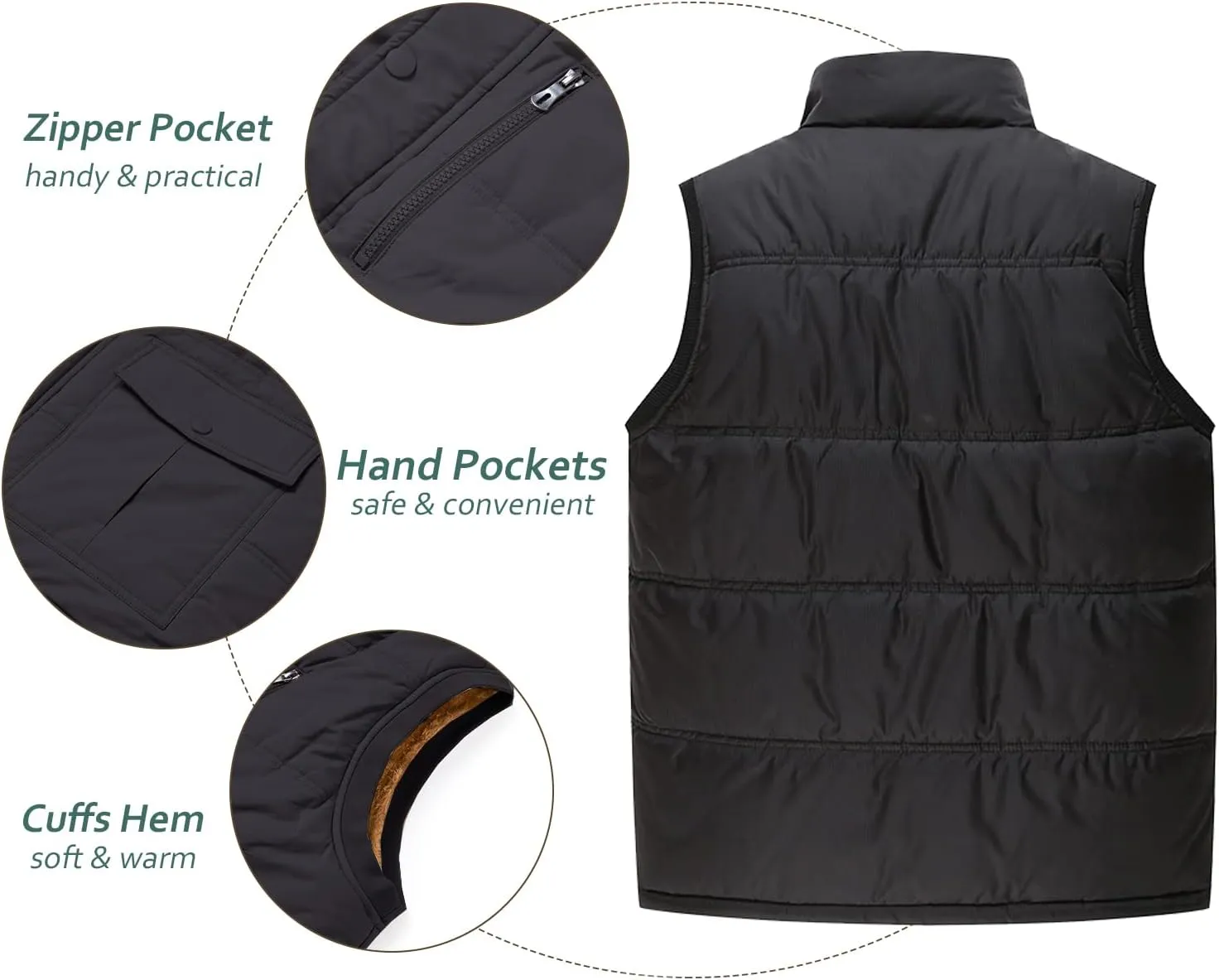 TACVASEN Men's Winter Vests Sleeveless Jackets Casual Outerwear Warm Fleece Lined Stand Collar Padded Coat