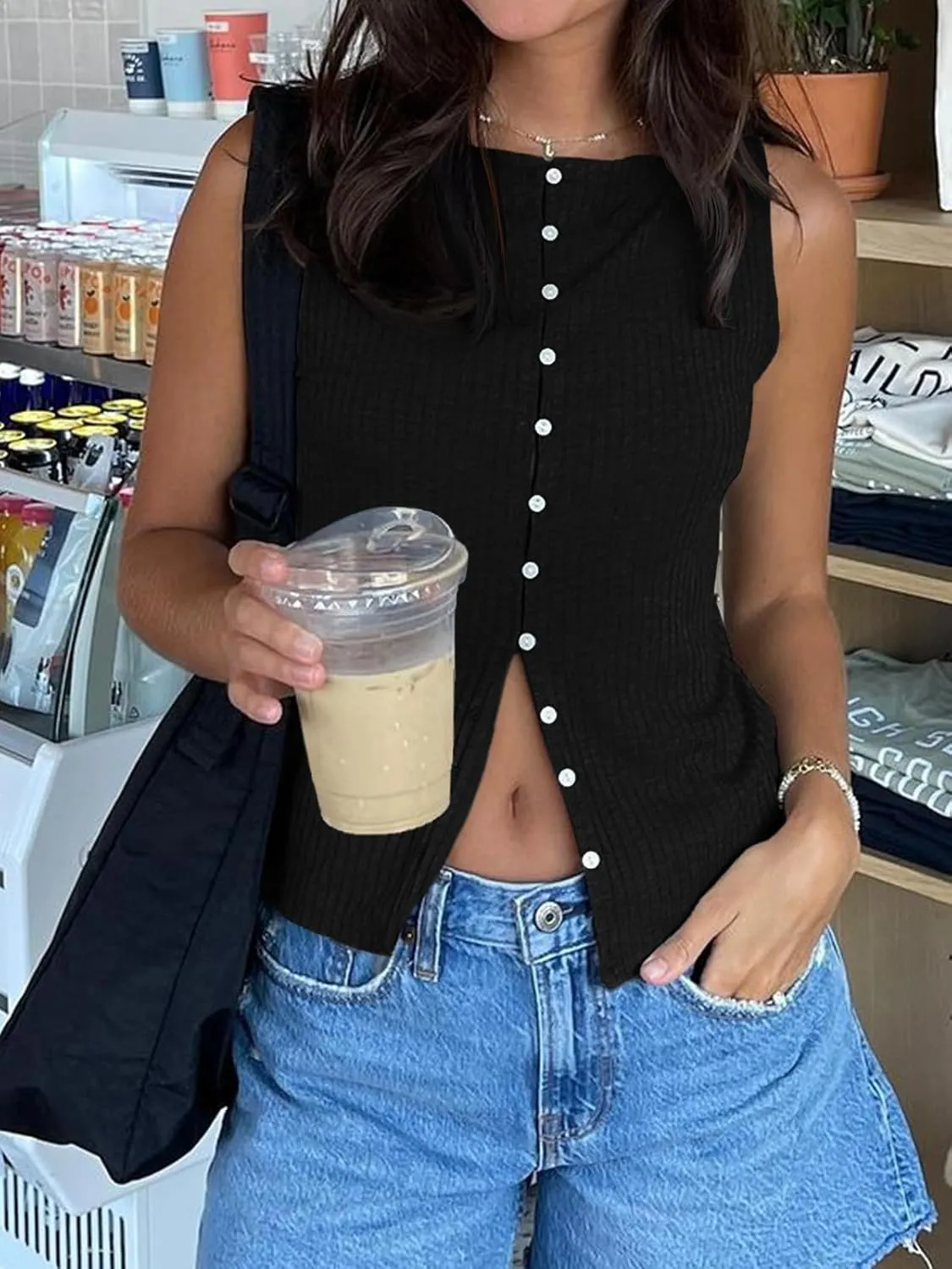 Tankaneo Womens Going Out Tops Summer Button Down Ribbed Tank Shirts Cropped Cute Y2k Vest Tops 2025 Fashion Outfits