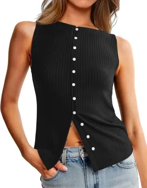 Tankaneo Womens Going Out Tops Summer Button Down Ribbed Tank Shirts Cropped Cute Y2k Vest Tops 2025 Fashion Outfits
