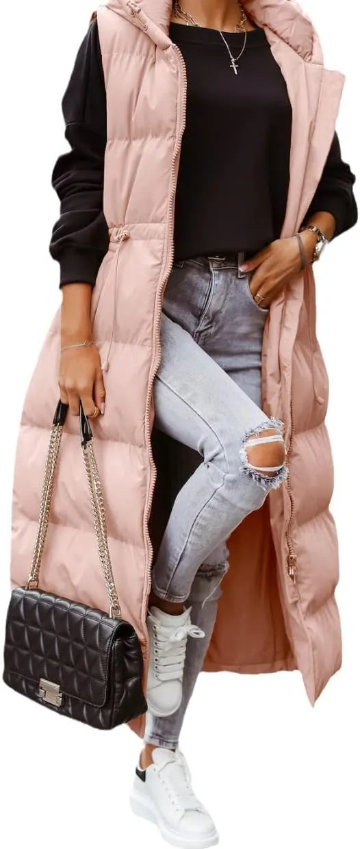 Tankaneo Women's Long Quilted Vest Outerwear Hooded Maxi Length Sleeveless Puffer Vest Full-zip Cotton Padded Coat