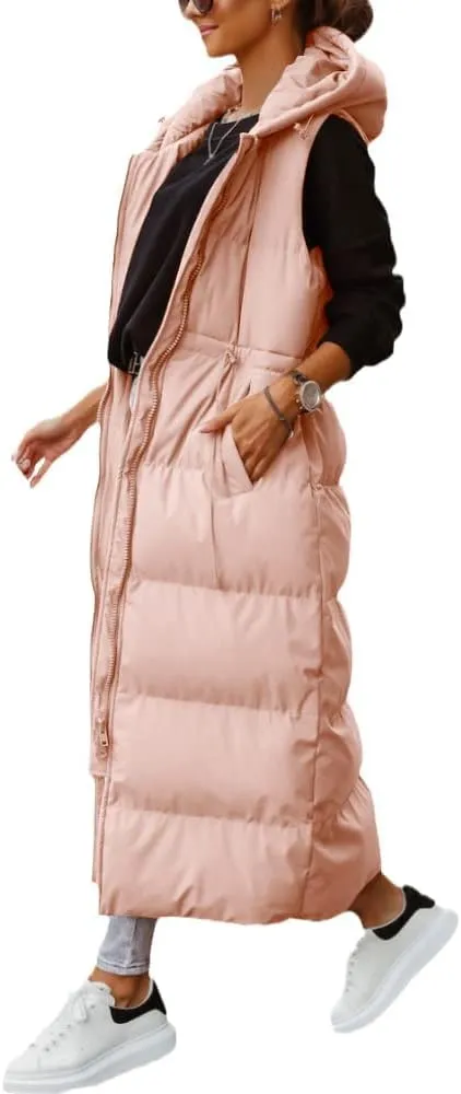 Tankaneo Women's Long Quilted Vest Outerwear Hooded Maxi Length Sleeveless Puffer Vest Full-zip Cotton Padded Coat