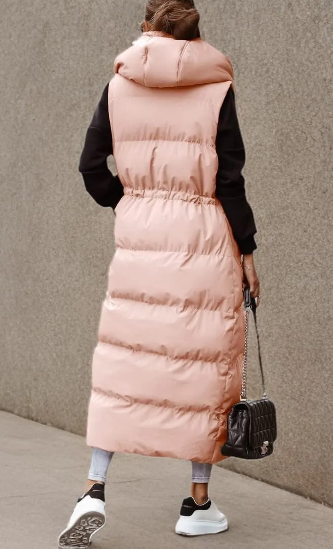Tankaneo Women's Long Quilted Vest Outerwear Hooded Maxi Length Sleeveless Puffer Vest Full-zip Cotton Padded Coat