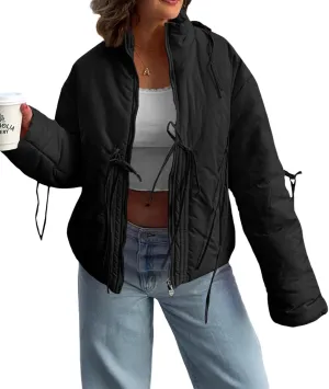 Tankaneo Womens Oversized Cropped Puffer Jacket Cute Bow Zip Up Puffy Short Down Coats Winter Outerwear