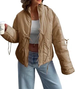Tankaneo Womens Oversized Cropped Puffer Jacket Cute Bow Zip Up Puffy Short Down Coats Winter Outerwear