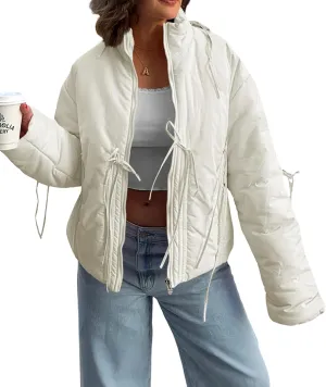 Tankaneo Womens Oversized Cropped Puffer Jacket Cute Bow Zip Up Puffy Short Down Coats Winter Outerwear