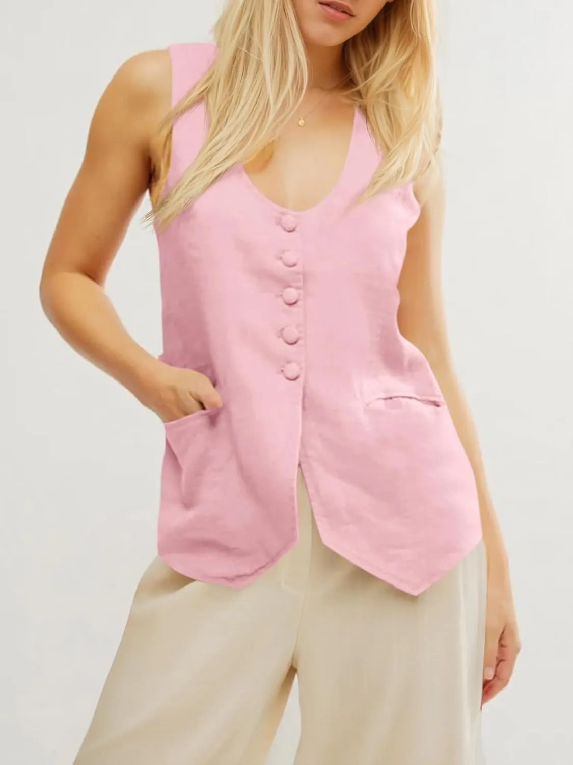 Tankaneo Womens Scoop Neck Blazer Vest Summer Linen Sleeveless Fitted Waistcoat Work Casual Cotton Suit Tops