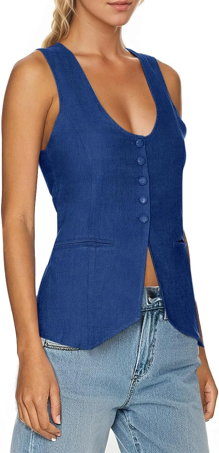 Tankaneo Womens Scoop Neck Blazer Vest Summer Linen Sleeveless Fitted Waistcoat Work Casual Cotton Suit Tops