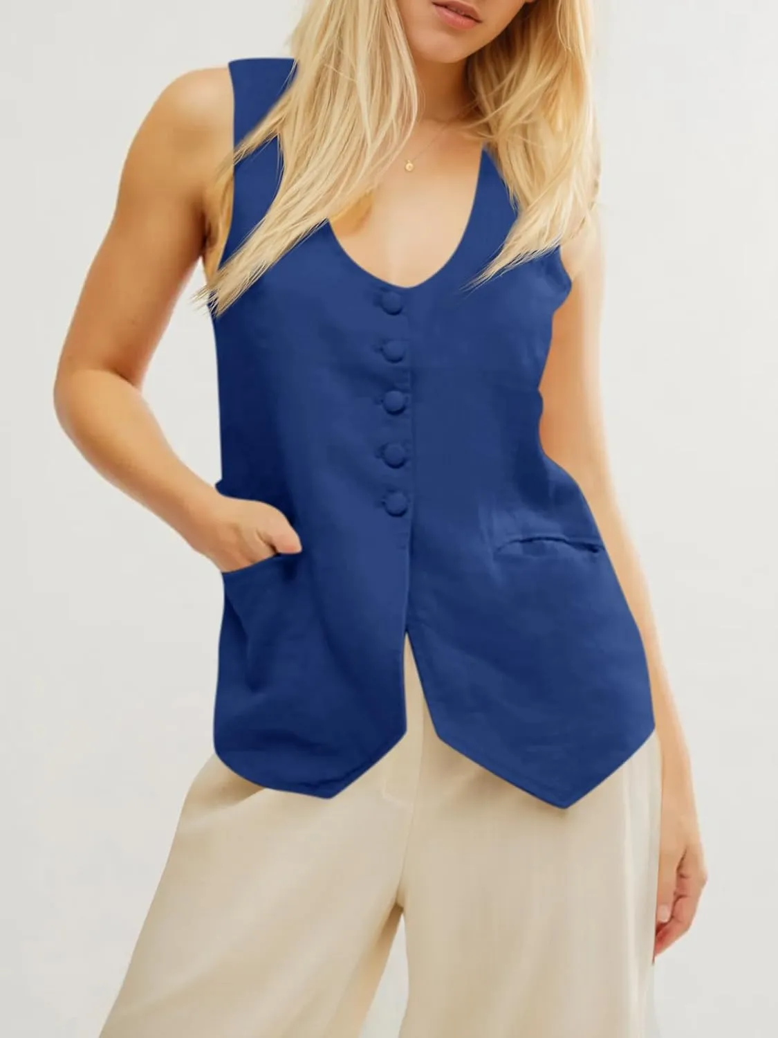 Tankaneo Womens Scoop Neck Blazer Vest Summer Linen Sleeveless Fitted Waistcoat Work Casual Cotton Suit Tops