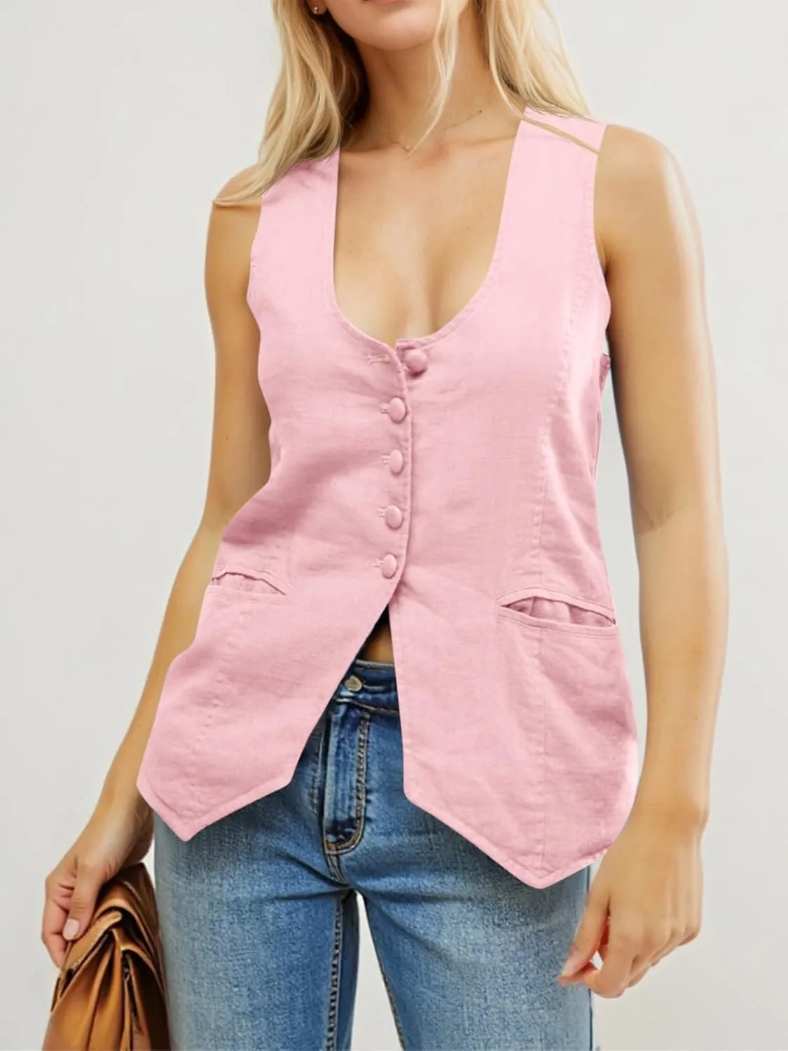Tankaneo Womens Scoop Neck Blazer Vest Summer Linen Sleeveless Fitted Waistcoat Work Casual Cotton Suit Tops