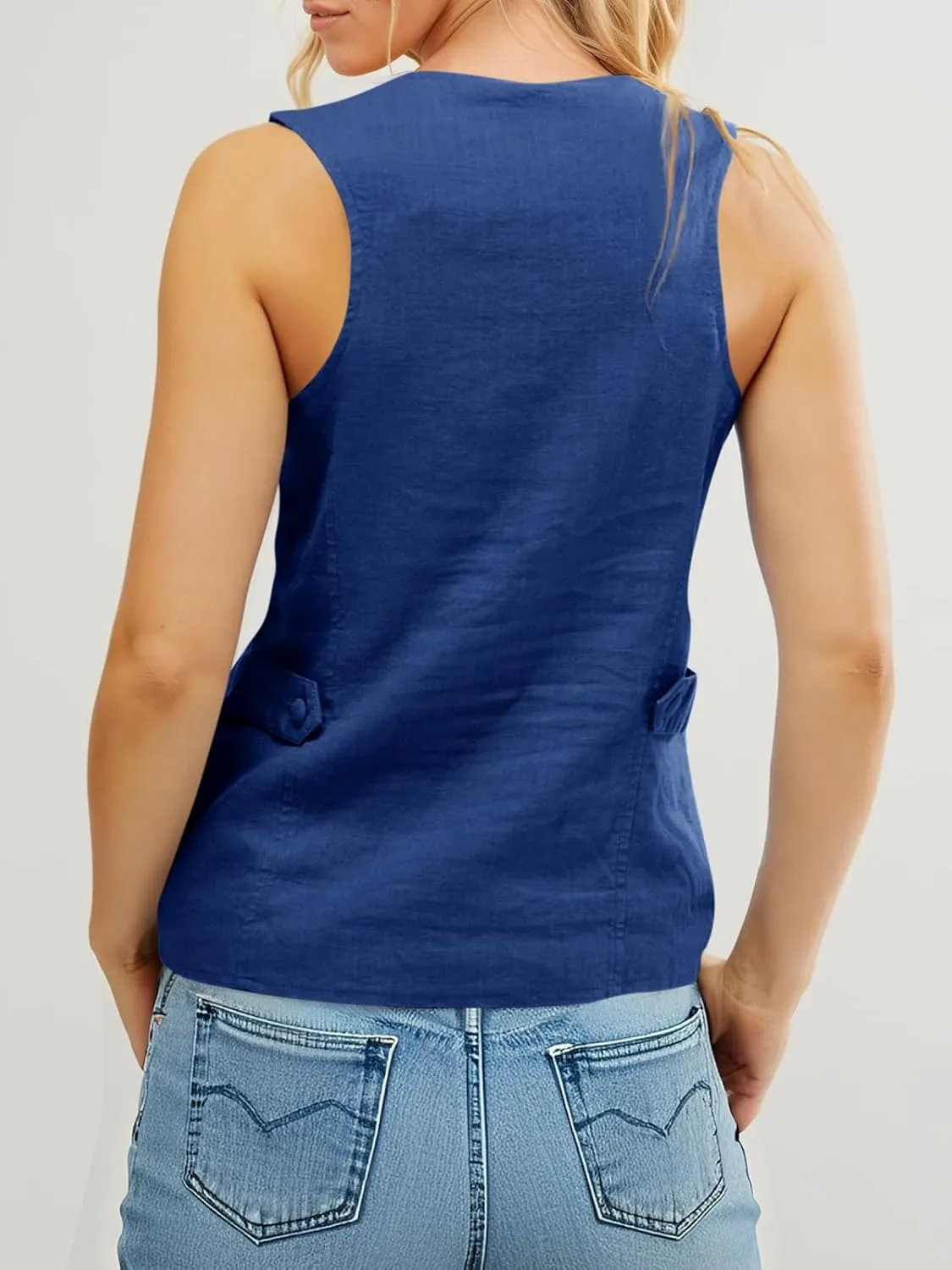 Tankaneo Womens Scoop Neck Blazer Vest Summer Linen Sleeveless Fitted Waistcoat Work Casual Cotton Suit Tops