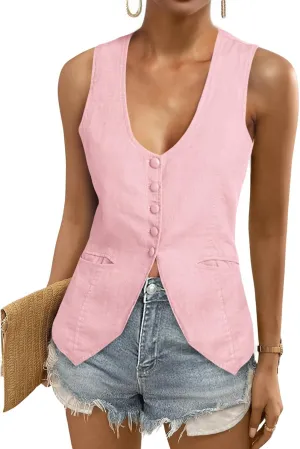 Tankaneo Womens Scoop Neck Blazer Vest Summer Linen Sleeveless Fitted Waistcoat Work Casual Cotton Suit Tops