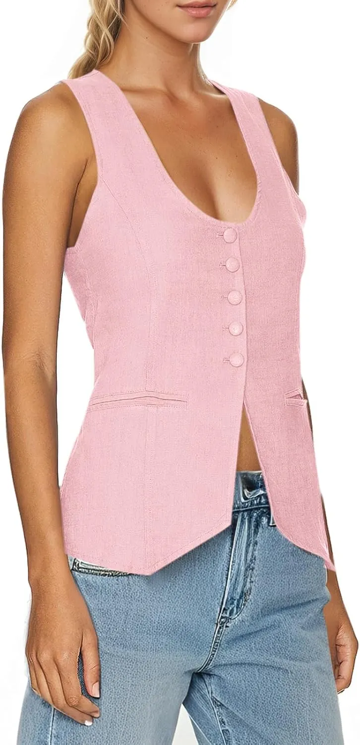 Tankaneo Womens Scoop Neck Blazer Vest Summer Linen Sleeveless Fitted Waistcoat Work Casual Cotton Suit Tops