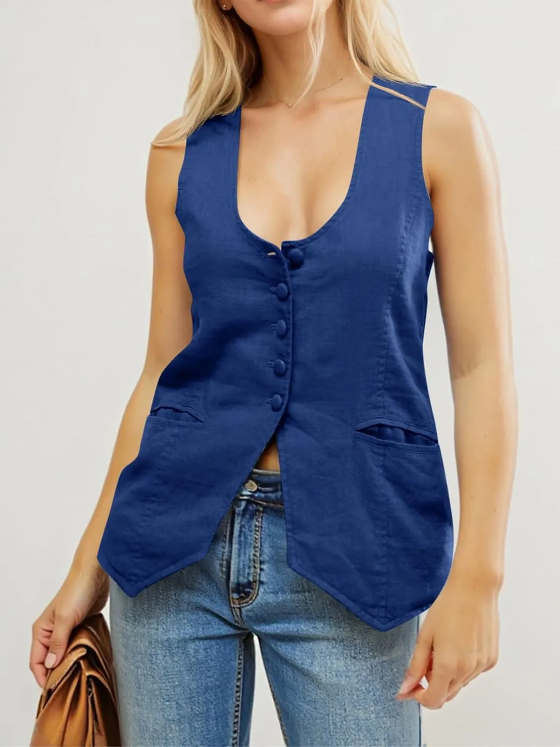 Tankaneo Womens Scoop Neck Blazer Vest Summer Linen Sleeveless Fitted Waistcoat Work Casual Cotton Suit Tops