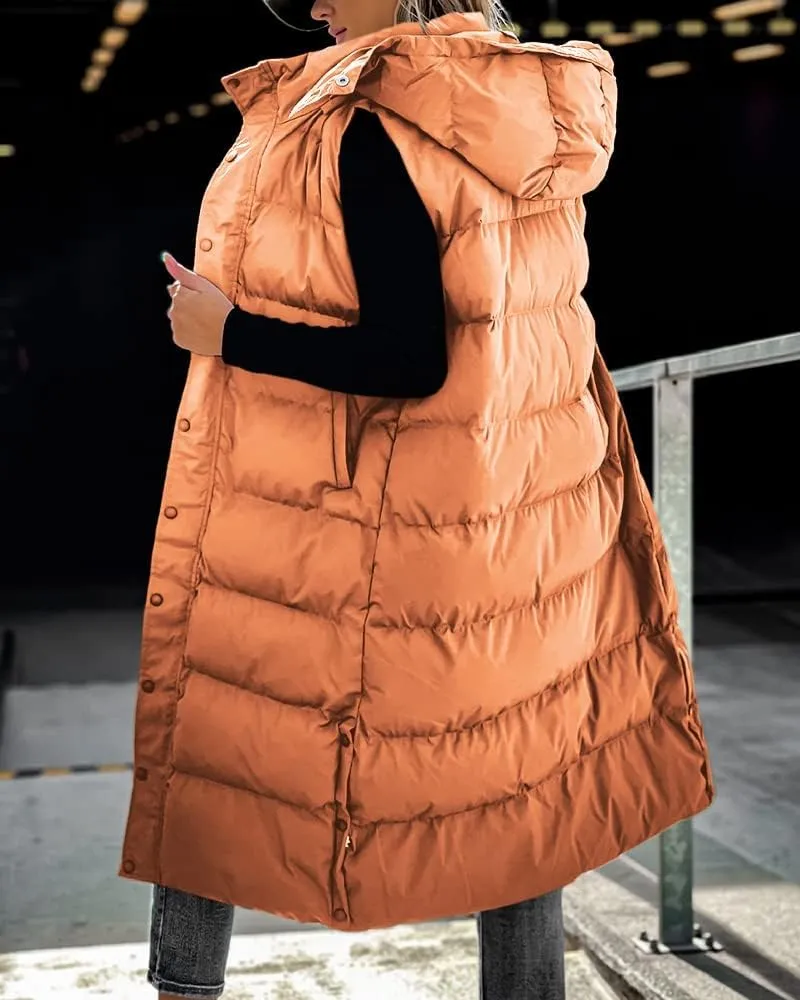 Tankaneo Women's Sleeveless Long Quilted Vest Hooded Button Down Puff Vest Cotton Padded Jacket Winter Outerwear