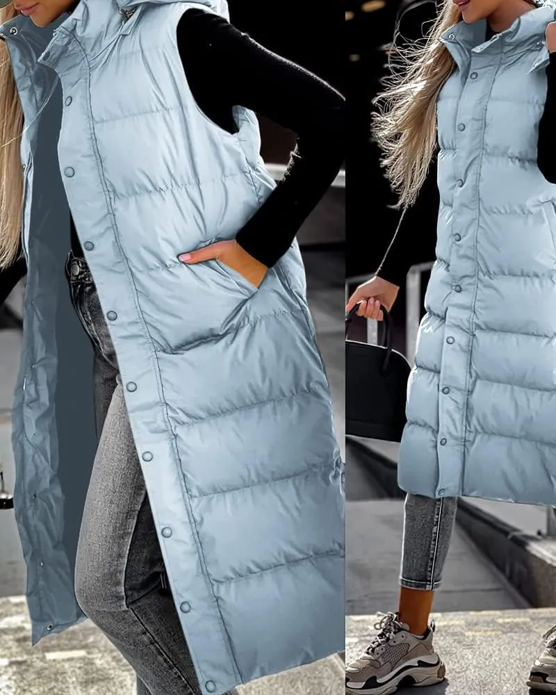 Tankaneo Women's Sleeveless Long Quilted Vest Hooded Button Down Puff Vest Cotton Padded Jacket Winter Outerwear