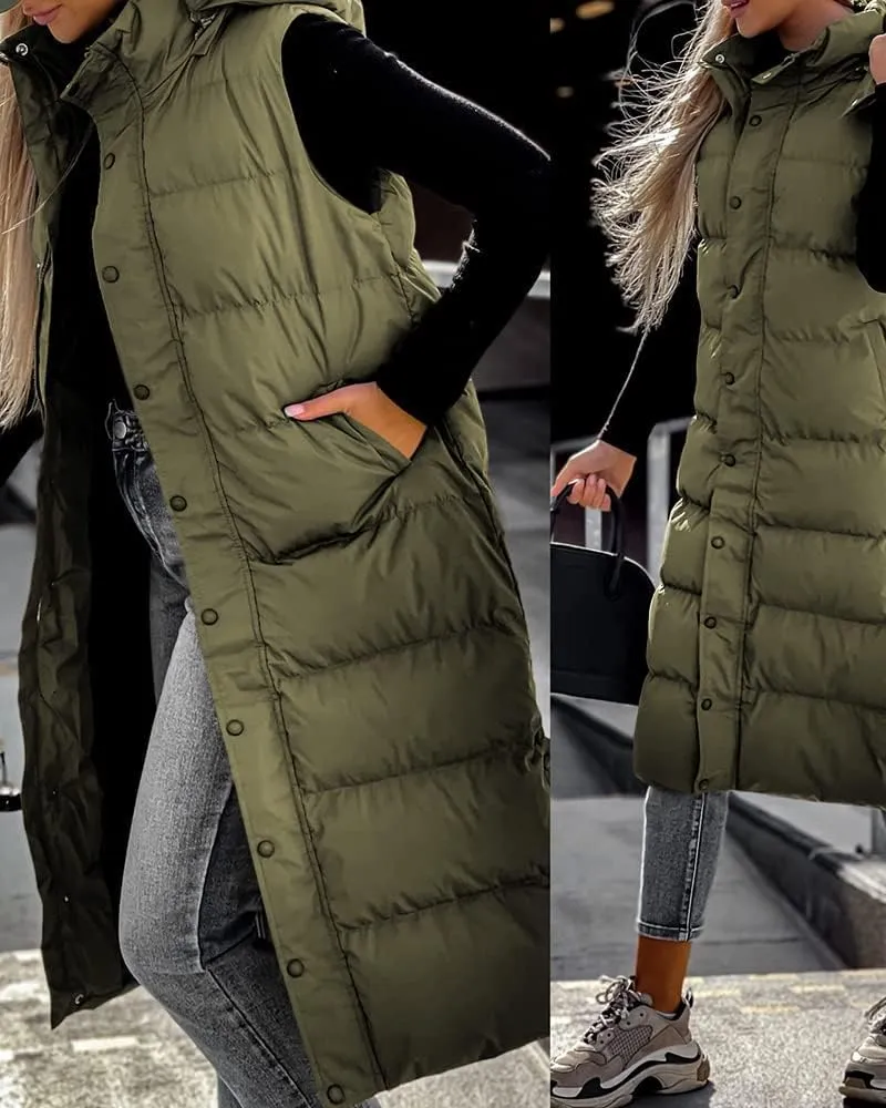 Tankaneo Women's Sleeveless Long Quilted Vest Hooded Button Down Puff Vest Cotton Padded Jacket Winter Outerwear
