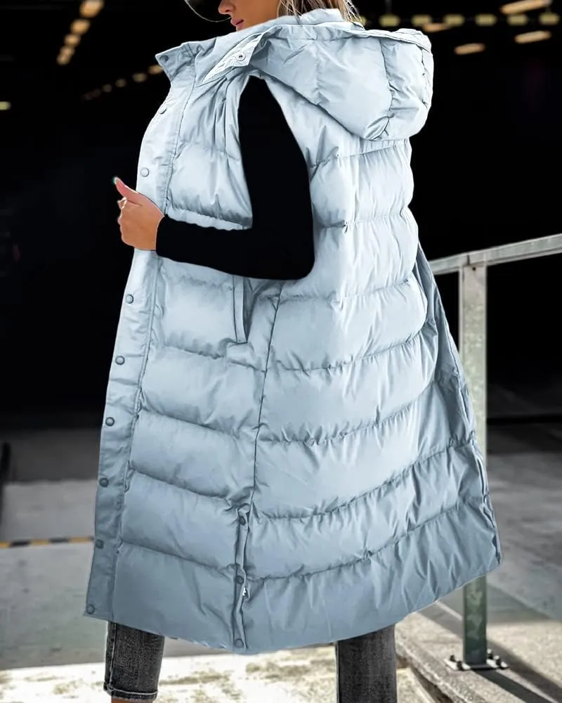 Tankaneo Women's Sleeveless Long Quilted Vest Hooded Button Down Puff Vest Cotton Padded Jacket Winter Outerwear