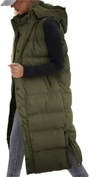 Tankaneo Women's Sleeveless Long Quilted Vest Hooded Button Down Puff Vest Cotton Padded Jacket Winter Outerwear