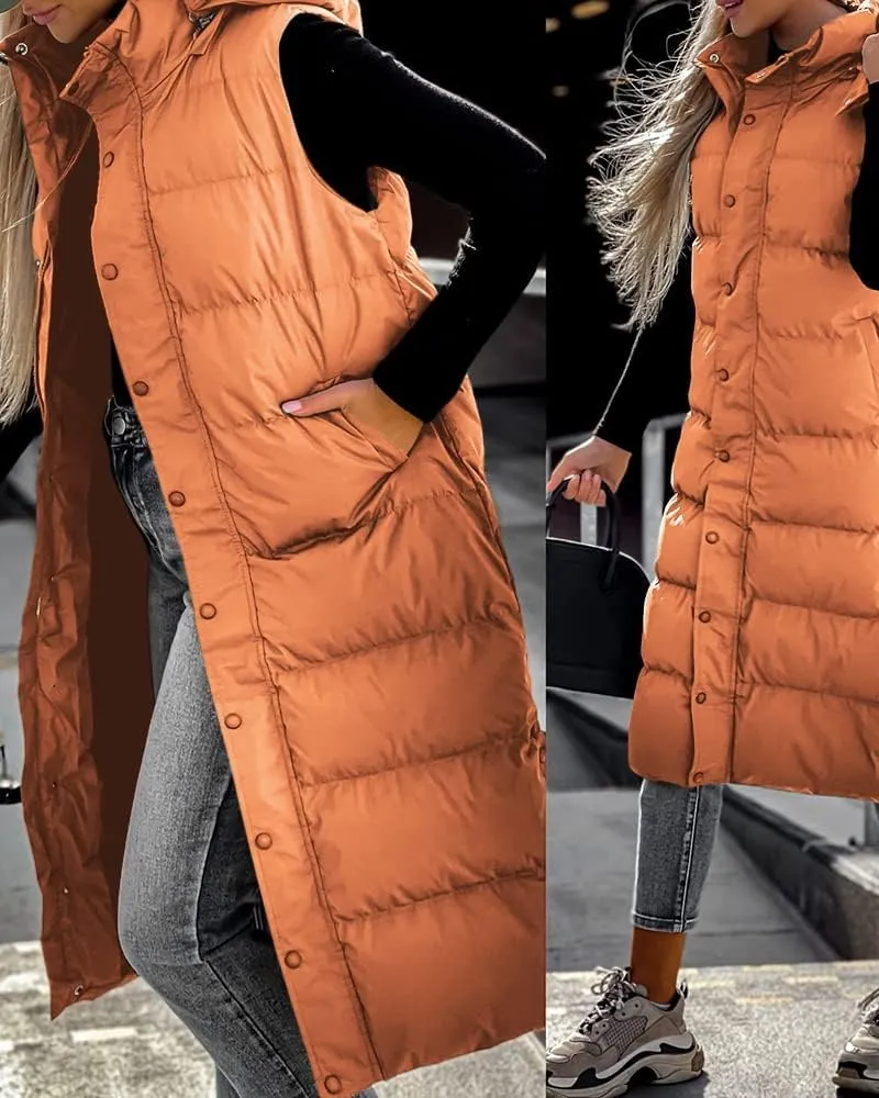 Tankaneo Women's Sleeveless Long Quilted Vest Hooded Button Down Puff Vest Cotton Padded Jacket Winter Outerwear