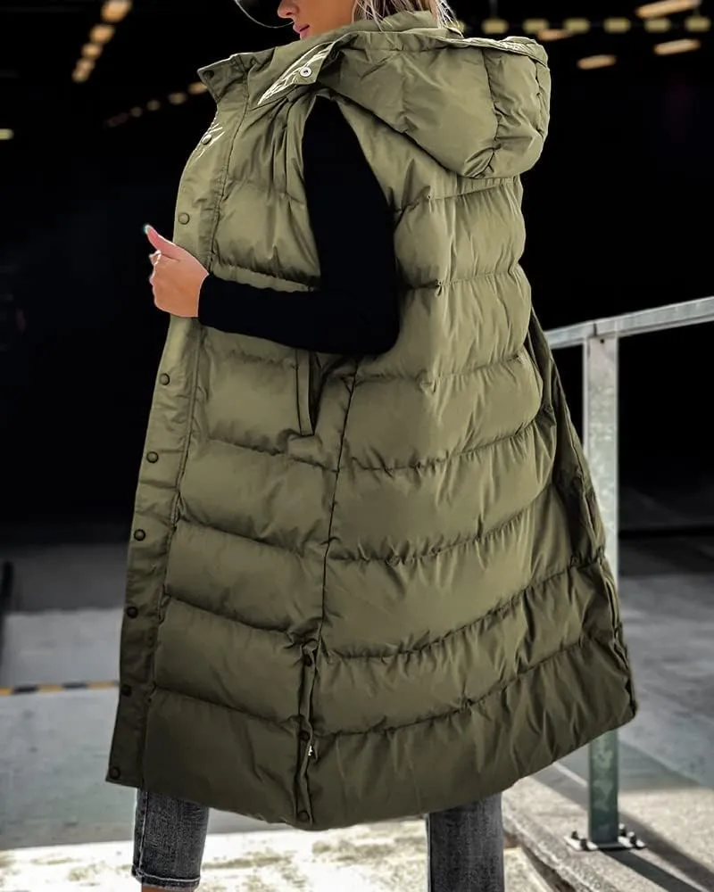 Tankaneo Women's Sleeveless Long Quilted Vest Hooded Button Down Puff Vest Cotton Padded Jacket Winter Outerwear