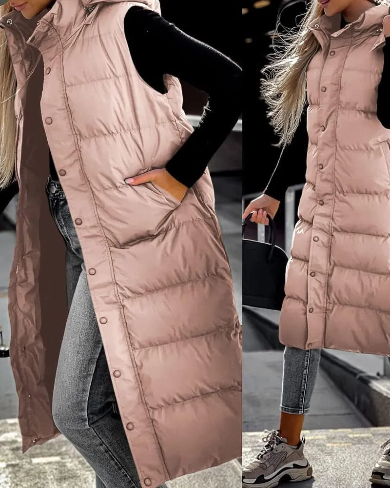 Tankaneo Women's Sleeveless Long Quilted Vest Hooded Button Down Puff Vest Cotton Padded Jacket Winter Outerwear