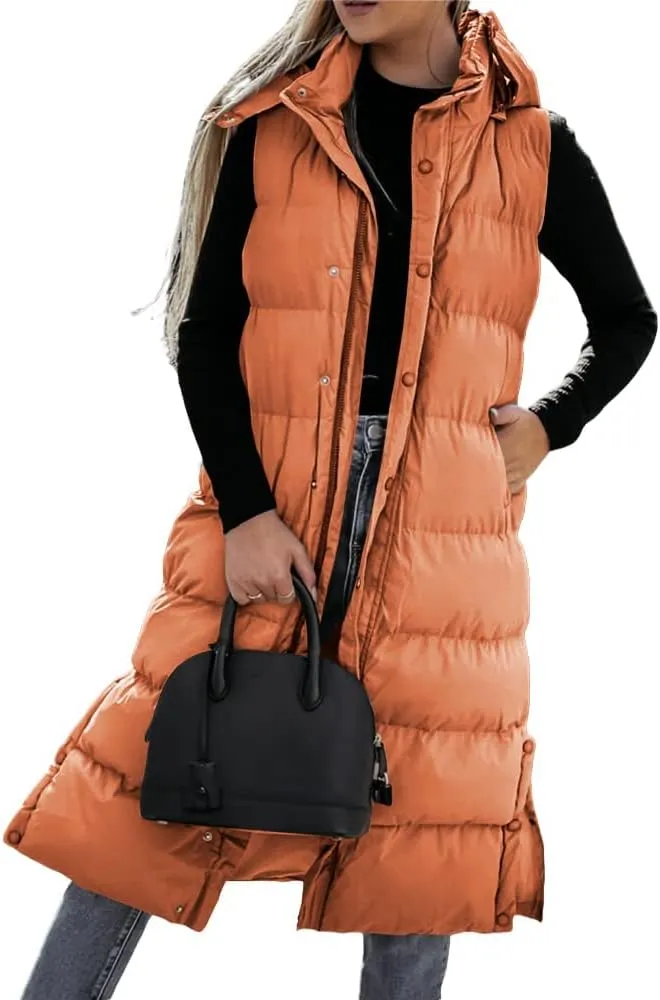 Tankaneo Women's Sleeveless Long Quilted Vest Hooded Button Down Puff Vest Cotton Padded Jacket Winter Outerwear