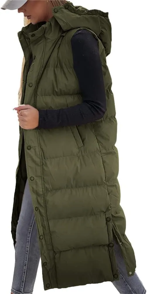 Tankaneo Women's Sleeveless Long Quilted Vest Hooded Button Down Puff Vest Cotton Padded Jacket Winter Outerwear