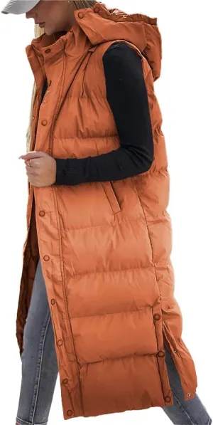 Tankaneo Women's Sleeveless Long Quilted Vest Hooded Button Down Puff Vest Cotton Padded Jacket Winter Outerwear
