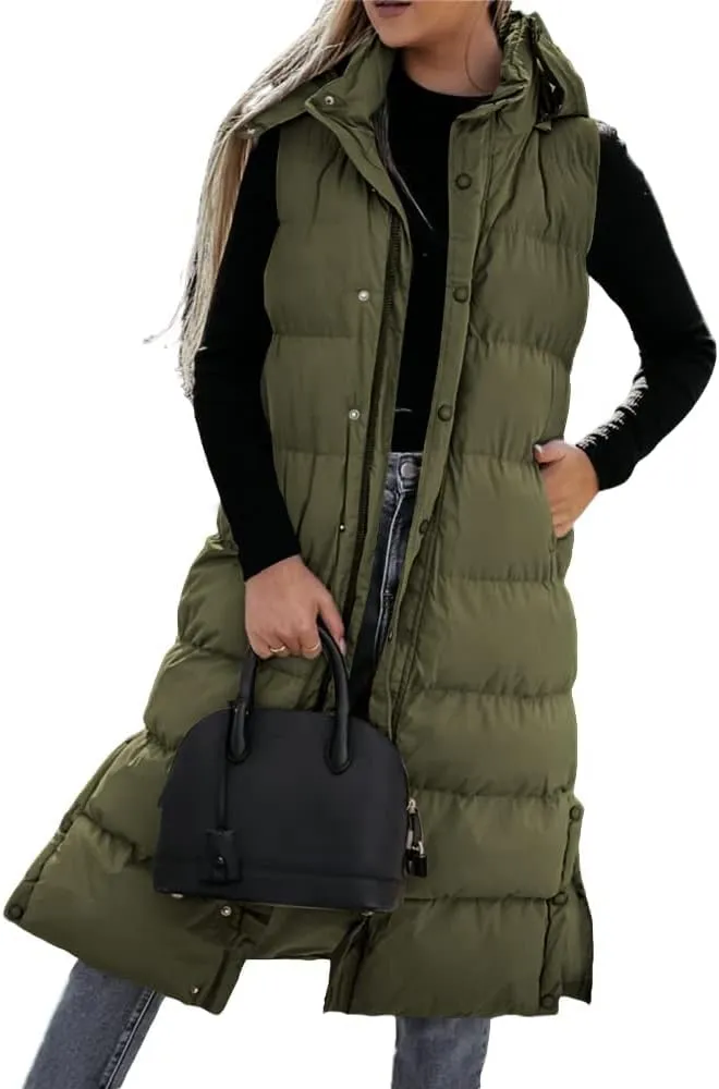 Tankaneo Women's Sleeveless Long Quilted Vest Hooded Button Down Puff Vest Cotton Padded Jacket Winter Outerwear