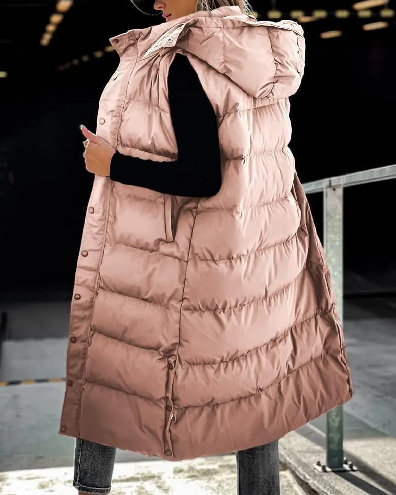 Tankaneo Women's Sleeveless Long Quilted Vest Hooded Button Down Puff Vest Cotton Padded Jacket Winter Outerwear