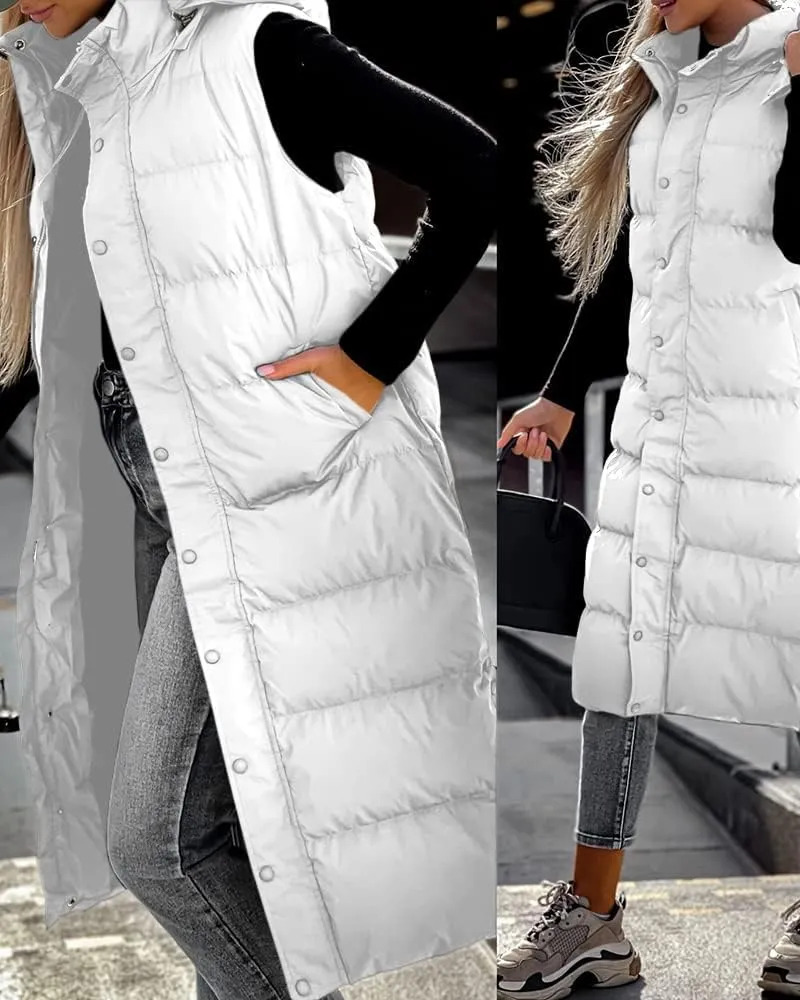 Tankaneo Women's Sleeveless Long Quilted Vest Hooded Button Down Puff Vest Cotton Padded Jacket Winter Outerwear