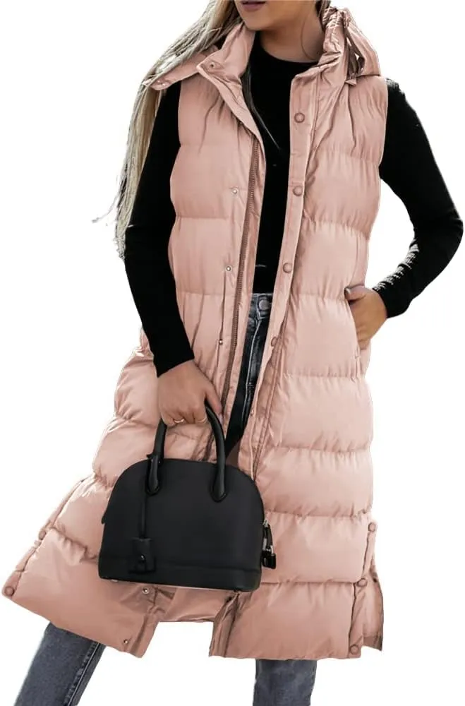 Tankaneo Women's Sleeveless Long Quilted Vest Hooded Button Down Puff Vest Cotton Padded Jacket Winter Outerwear