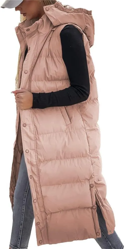 Tankaneo Women's Sleeveless Long Quilted Vest Hooded Button Down Puff Vest Cotton Padded Jacket Winter Outerwear